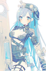 Rule 34 | 1girl, :&lt;, black shorts, blue eyes, blue hair, blush, breasts, chromatic aberration, cleavage, closed mouth, collared shirt, commentary request, copyright request, goggles, goggles on head, highres, kikka (kicca choco), long hair, long sleeves, looking at viewer, medium breasts, shirt, short shorts, shorts, simple background, sitting, solo, striped, v-shaped eyebrows, vertical stripes, very long hair, white background