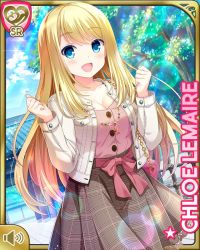 Rule 34 | 1girl, :d, blonde hair, blouse, blue eyes, bow, brown skirt, card, character name, chloe lemaire, day, dress, girlfriend (kari), jacket, long hair, medium skirt, official art, open mouth, outdoors, pink bow, pink shirt, plaid, plaid dress, pleated skirt, qp:flapper, shirt, skirt, smile, solo, standing, tagme, white jacket