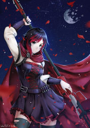 Rule 34 | 1girl, absurdres, belt, black hair, black thighhighs, breasts, cape, cowboy shot, cross-laced clothes, dated, dress, grey eyes, highres, lulu-chan92, moon, multicolored hair, night, night sky, petals, red hair, rose petals, ruby rose, rwby, scythe, shattered, shooting star, sky, solo, star (sky), starry sky, thighhighs, torn clothes, torn thighhighs, zettai ryouiki