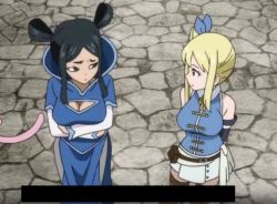 Rule 34 | 2girls, :&lt;, arms behind back, arms under breasts, bare shoulders, belt, black hair, blonde hair, blue ribbon, boots, breasts, cat tail, china dress, chinese clothes, cleavage, cleavage cutout, closed mouth, clothing cutout, crossed arms, dress, eye contact, fairy tail, hair ornament, hair ribbon, high collar, knee boots, large breasts, long hair, looking at another, lucy heartfilia, minerva orlando, multiple girls, outdoors, pantyhose, ponytail, ribbon, screencap, skirt, standing, tail, twintails