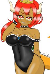Rule 34 | 1girl, arm behind back, armlet, bare legs, bare shoulders, black leotard, blue gemstone, bowsette, bracelet, breasts, chaoschrome, cleavage, collar, collarbone, covered navel, crown, dark-skinned female, dark skin, female focus, gem, grin, hand on own head, hand up, highres, horns, jewelry, large breasts, large tail, legs, leotard, long hair, looking at viewer, mario (series), monster girl, naughty face, neck, new super mario bros. u deluxe, nintendo, orange eyes, ponytail, red eyes, red hair, sharp teeth, shell, simple background, smile, smug, solo, spiked armlet, spiked bracelet, spiked collar, spiked tail, spikes, standing, strapless, strapless leotard, super crown, super mario bros. 1, tail, teeth, thighs, turtle shell, white background, white horns