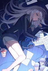 Rule 34 | 1girl, 25-ji nightcord de. (project sekai), azit (down), black shirt, blue eyes, blue jacket, chopsticks, commentary request, cup, disposable cup, feet out of frame, grey hair, hand up, highres, jacket, long hair, long sleeves, looking at viewer, lying, on side, parted lips, pinching sleeves, project sekai, sheet music, shirt, short shorts, shorts, sleeves past wrists, solo, thighs, twitter username, very long hair, white shorts, wooden floor, yoisaki kanade