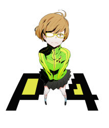 Rule 34 | atlus, bad id, bad pixiv id, bob cut, brown hair, buttons, frown, glasses, hand in pocket, heath515, highres, houndstooth, jacket, persona, persona 4, pleated skirt, satonaka chie, short hair, skirt, smiley face, solo, todoroki suyoshi, track jacket