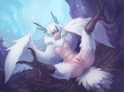 Rule 34 | 1girl, anus, arbuz budesh, blue eyes, breasts, feather hair, feathered wings, harpy, monster girl, nipples, no hands, nude, one eye closed, original, presenting, pussy, short hair, small breasts, solo, talons, thick thighs, thighs, uncensored, white hair, winged arms, wings