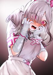 Rule 34 | 1girl, @ @, absurdres, bandaged arm, bandages, blush, breasts, crazy eyes, dress, drooling, gloves, gomo, grey hair, hair ornament, hair over one eye, hand on own face, hands on own cheeks, hands on own face, hat, heavy breathing, highres, large breasts, long hair, nijisanji, nurse, nurse cap, open mouth, pink eyes, purple theme, rape face, simple background, solo, sukoya kana, sukoya kana (1st costume), symbol-shaped pupils, tongue, twintails, upper body, virtual youtuber, white gloves, white wrist cuffs, wrist cuffs, x hair ornament, yandere, yandere trance