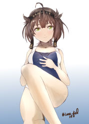 Rule 34 | 1girl, ahoge, anchor symbol, black headband, blue background, blue one-piece swimsuit, brown hair, clothes writing, commentary request, gradient background, hair flaps, hatsuzuki (kancolle), headband, highres, kantai collection, ld (luna dial398), looking at viewer, one-hour drawing challenge, one-piece swimsuit, short hair, sitting, smile, solo, swimsuit, twitter username, white background, yellow eyes