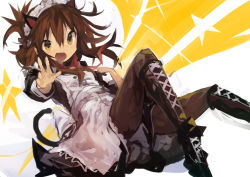Rule 34 | 1girl, absurdres, alternate costume, animal ears, apron, black dress, black footwear, black pantyhose, boots, brown hair, cat ears, cat tail, cross-laced footwear, dress, enmaided, folded ponytail, hair between eyes, highres, inazuma (kancolle), kaamin (mariarose753), kantai collection, maid, maid headdress, open mouth, pantyhose, ponytail, red neckwear, sidelocks, solo, star (symbol), tail, white apron, yellow eyes