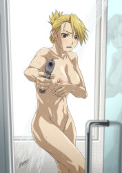 Rule 34 | 1girl, aiming, aiming at viewer, blonde hair, blush, breasts, brown eyes, completely nude, covering breasts, covering privates, doorway, earrings, embarrassed, folded ponytail, fullmetal alchemist, gun, gun pointing at viewer, handgun, highres, himemura saki, holding, holding gun, holding weapon, jewelry, large breasts, looking at viewer, navel, nipples, nude, open mouth, ponytail, pov doorway, pussy, riza hawkeye, shower (place), solo, weapon, wet