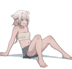 Rule 34 | 1girl, ahoge, arm support, bare arms, bare legs, barefoot, blue eyes, cevio, collarbone, commentary request, female focus, highres, long hair, navel, one (cevio), open mouth, shadow, simple background, solo, strapless, sweat, toes, tube top, vang 09, vocaloid, white background, white hair, white tube top, white tubetop