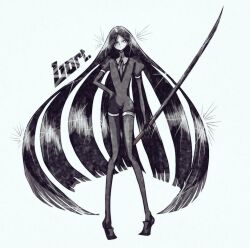 Rule 34 | 1other, bort, character name, commentary, elbow gloves, full body, gem uniform (houseki no kuni), gloves, greyscale, hand on own hip, holding, holding sword, holding weapon, houseki no kuni, jacket, long hair, looking at viewer, monochrome, necktie, other focus, puffy short sleeves, puffy sleeves, sen ba, shirt, short sleeves, simple background, sparkle, standing, sword, thighhighs, very long hair, weapon