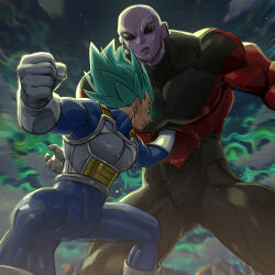 Rule 34 | 2boys, bald, black eyes, blue hair, clenched hand, colored skin, dragon ball, dragon ball super, fighting, gloves, jiren, male focus, multiple boys, muscular, muscular male, open mouth, pectorals, pink skin, punching, saiyan armor, spandex, spiked hair, super saiyan, super saiyan blue, supobi, vegeta, white gloves