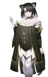 Rule 34 | 1girl, animal ear fluff, animal ears, arknights, bare shoulders, black choker, black dress, black hair, breasts, cat ears, choker, cleavage, commentary request, dress, feet out of frame, grey eyes, hand up, highres, large breasts, long sleeves, looking at viewer, mandragora (arknights), off-shoulder dress, off shoulder, ras (zzdn3588), revision, short hair, simple background, solo, standing, thighhighs, thighs, v, white background, white thighhighs