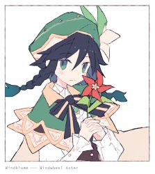 Rule 34 | 1boy, androgynous, beret, black hair, blue hair, blush, bow, braid, brooch, cape, closed mouth, collared cape, collared shirt, corset, flower, frilled sleeves, frills, gem, genshin impact, gradient hair, green eyes, green hat, hat, hat flower, holding, holding flower, jewelry, leaf, long sleeves, looking at viewer, male focus, melanbread, multicolored hair, own hands together, red flower, shirt, short hair with long locks, simple background, smile, solo, twin braids, venti (genshin impact), white background, white flower, white shirt