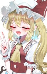 Rule 34 | 1girl, aorin oekaki, ascot, blonde hair, blush, closed eyes, collared shirt, fingernails, flandre scarlet, frilled shirt collar, frills, hair between eyes, hat, highres, long fingernails, long hair, mob cap, nail polish, one side up, open mouth, red nails, red vest, sharp fingernails, shirt, simple background, smile, solo, touhou, upper body, vest, white background, white hat, white shirt, yellow ascot