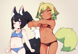 Rule 34 | 2girls, ahoge, animal ear fluff, animal ears, bare arms, bare shoulders, bikini, black bikini, black hair, blue bikini, blush, brown background, brown eyes, closed mouth, collar, collarbone, dark-skinned female, dark skin, done (donezumi), half-closed eyes, interlocked fingers, multiple girls, navel, one eye closed, original, outstretched arms, ponytail, purple eyes, red collar, short eyebrows, simple background, standing, stretching, swimsuit, tail, thick eyebrows, titi-chan (nezumi inu)