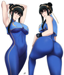 Rule 34 | 1girl, armpit crease, armpits, arms up, ass, bare shoulders, blue bodysuit, blue unitard, bodysuit, bracelet, breasts, capcom, chinese clothes, chun-li, chun-li (cosplay), closed mouth, commentary, cosplay, covered navel, double bun, earrings, from behind, gold earrings, gold hairband, hair bun, hairband, highres, jewelry, large breasts, light blush, long hair, looking at viewer, looking back, multiple views, red eyes, red lips, sidelocks, signature, simple background, skin tight, sleeveless, sleeveless bodysuit, smile, spandex, spy x family, standing, street fighter, street fighter zero (series), studded bracelet, unitard, white background, xter, yor briar