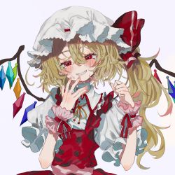 Rule 34 | 1girl, bandaid, blonde hair, blush, buttons, clenched teeth, crystal, embellished costume, eyelashes, flandre scarlet, frilled ribbon, frills, grey background, grin, hair between eyes, half-closed eyes, hand to own mouth, hands up, happy tears, hat, hat ribbon, head tilt, high collar, highres, long hair, looking at viewer, messy hair, mob cap, nail polish, neck ribbon, pink nails, puffy short sleeves, puffy sleeves, red eyes, red ribbon, red skirt, red vest, ribbon, sash, shirt, short hair with long locks, short sleeves, side ponytail, simple background, skirt, skirt set, smile, solo, tears, teeth, touhou, upper body, vest, wabun, white hat, white shirt, wings, wrist cuffs, yellow ribbon