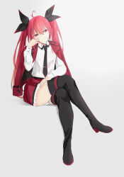 Rule 34 | 1girl, a (c3einycggcevevf), absurdres, black necktie, black ribbon, blush, boots, candy, collared shirt, crossed legs, date a live, food, frilled skirt, frills, full body, hair between eyes, hair ribbon, hand on own cheek, hand on own face, hand on own thigh, hand up, high heel boots, high heels, highres, itsuka kotori, jacket, jacket on shoulders, leg up, lollipop, long hair, long sleeves, looking at viewer, miniskirt, necktie, open clothes, open jacket, red eyes, red hair, red jacket, red skirt, ribbon, shirt, skirt, smile, solo, thigh boots, thighs, twintails, very long hair, white shirt