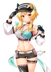 Rule 34 | 1girl, bare shoulders, black choker, black gloves, black shorts, black thighhighs, blonde hair, blush, breasts, camisole, choker, commentary request, cowboy shot, crop top, cropped jacket, genshin impact, gloves, hands up, highres, jacket, long hair, looking at viewer, lumine (genshin impact), midriff, minatsuki alumi, navel, off shoulder, short shorts, shorts, simple background, single thighhigh, small breasts, solo, spaghetti strap, standing, stomach, thigh strap, thighhighs, thighs, visor cap, whistle, whistle around neck, white background, white jacket, yellow eyes