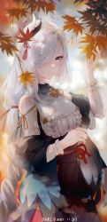 Rule 34 | 1girl, absurdres, breasts, genshin impact, highres, leaf, long hair, long sleeves, looking at viewer, maple leaf, one eye covered, shenhe (genshin impact), smile, solo, swkl:d, white hair