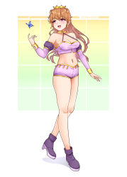 Rule 34 | 1girl, artist name, artist request, bare legs, blue butterfly, blush, bracelet, breasts, brown hair, bug, butterfly, butterfly (love live!), choker, cleavage, clothing cutout, collarbone, cropped shirt, crown, detached sleeves, double bun, dress, dress shirt, earrings, female focus, floating hair, full body, gold bracelet, hair between eyes, hair bun, hair rings, harem outfit, high heels, highres, insect, jewelry, konoe kanata, long hair, looking at viewer, love live!, love live! nijigasaki high school idol club, love live! school idol festival, nail, nail polish, navel, parted lips, pink nails, puffy short sleeves, puffy sleeves, purple eyes, purple footwear, purple shirt, purple shorts, purple sleeves, shirt, short sleeves, shorts, shoulder cutout, small breasts, smile, solo, two side up, white background, yellow bracelet, yellow choker