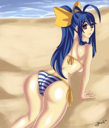 Rule 34 | 1girl, all fours, antenna hair, ass, bare shoulders, bikini, blazblue, blazblue remix heart, blue hair, bra, breasts, cameltoe, from behind, hair ribbon, highres, large breasts, long hair, looking at viewer, looking back, mai natsume, panties, ponytail, purple eyes, ribbon, shiny skin, smile, solo, striped clothes, striped panties, swimsuit, underwear