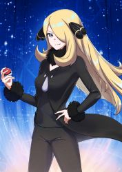 Rule 34 | 1girl, absurdres, black coat, black pants, black shirt, blonde hair, blue background, breasts, closed mouth, coat, commentary request, cowboy shot, creatures (company), cynthia (pokemon), floating hair, fur-trimmed sleeves, fur collar, fur trim, game freak, gradient background, grey eyes, hair ornament, hair over one eye, hand on own hip, highres, holding, holding poke ball, long hair, looking at viewer, nintendo, pants, poke ball, poke ball (basic), pokemon, pokemon dppt, shirt, solo, very long hair, yanagi (soke yanagi)