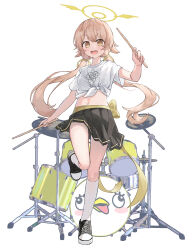 Rule 34 | 1girl, absurdres, black footwear, black skirt, blue archive, brown hair, drum, drum set, drumsticks, full body, halo, hand up, hifumi (blue archive), highres, holding, holding drumsticks, instrument, kmp (kenma pro), long hair, low twintails, midriff, navel, peroro (blue archive), pleated skirt, shirt, shoes, short sleeves, simple background, skirt, socks, solo, standing, standing on one leg, tied shirt, twintails, very long hair, white background, white shirt, white socks, winged halo, yellow halo