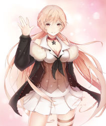 Rule 34 | 1girl, arm support, bare shoulders, black gloves, black neckwear, blonde hair, braid, breasts, choker, cleavage, closed mouth, collarbone, corset, crossed legs, crown braid, dated, fur-trimmed jacket, fur trim, girls&#039; frontline, gloves, hair between eyes, hand up, head tilt, highres, jacket, kerchief, long hair, looking at viewer, medium breasts, off shoulder, open mouth, ots-14 (girls&#039; frontline), pleated skirt, sidelocks, signature, skindentation, skirt, smile, solo, standing, star (symbol), star choker, superman3go, thigh strap, thighs, very long hair, yellow eyes