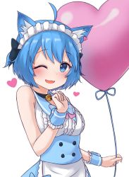 Rule 34 | 1girl, :3, ahoge, animal ear fluff, animal ears, animare, apron, armpit crease, bad id, bad pixiv id, balloon, bare arms, bare shoulders, bell, black bow, black choker, blue eyes, blue hair, blue sailor collar, blue skirt, blush, bow, breasts, buttons, choker, commentary request, dog ears, earrings, frills, hair bow, hand up, heart, heart balloon, heart earrings, highres, holding, holding balloon, jewelry, jingle bell, looking at viewer, maid, maid apron, maid headdress, maka neko, medium breasts, nanashi inc., one eye closed, open mouth, sailor collar, shirt, short hair, simple background, skirt, sleeveless, sleeveless shirt, smile, solo, souya ichika, souya ichika (2nd costume), two side up, underbust, upper body, virtual youtuber, white apron, white background, white shirt, wrist cuffs