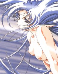 Rule 34 | 1girl, blue background, blue hair, breasts, elf, long hair, nipples, nude, pointy ears, solo, urushihara satoshi