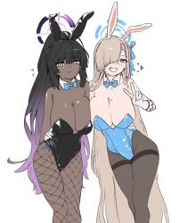 Rule 34 | 2girls, animal ears, asuna (blue archive), asuna (bunny) (blue archive), black hair, black leotard, black pantyhose, blue archive, blue bow, blue eyes, blue halo, blue leotard, blush, bow, breasts, cleavage, closed mouth, collarbone, dark-skinned female, dark skin, detached collar, fake animal ears, feet out of frame, fishnet pantyhose, fishnets, fried bocky, gloves, grin, hair over one eye, halo, highres, karin (blue archive), karin (bunny) (blue archive), large breasts, leotard, light brown hair, long hair, looking at viewer, mole, mole on breast, multiple girls, official alternate costume, pantyhose, purple halo, rabbit ears, simple background, smile, strapless, strapless leotard, v, white background, white gloves, yellow eyes