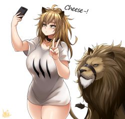 Rule 34 | 1girl, animal, animal ears, antenna hair, arknights, breasts, brown eyes, brown hair, cellphone, collar, commentary, curvy, english commentary, english text, highres, holding, holding phone, jmg, large breasts, lion, lion ears, lion tail, long hair, medium hair, meme, messy hair, muzzle, pajamas challenge, phone, print shirt, selfie, shirt, siege (arknights), standing, studded collar, t-shirt, tail, taking picture, thick thighs, thighs, v, whiskers
