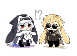 Rule 34 | !?, 1boy, 1girl, :&gt;, animal, animal ears, arknights, black dress, black jacket, black shirt, blondie, brown cape, cape, chibi, cinnamoroll, colored shadow, commentary request, dress, grey hair, habit, holding, holding animal, jacket, liaison (arknights), long hair, looking at another, lop rabbit ears, nun, open mouth, rabbit ears, red eyes, sanrio, shadow, shirt, signature, simple background, smile, soppos, specter (arknights), white background