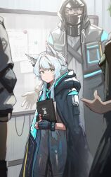 Rule 34 | 1girl, 3others, absurdres, animal ear fluff, animal ears, arknights, black gloves, blue coat, blue hair, bracelet, cat ears, cat girl, chinese commentary, closed mouth, coat, commentary request, doctor (arknights), fingerless gloves, folder, gloves, green eyes, highres, holding, holding folder, hood, hood down, hooded coat, infection monitor (arknights), jewelry, light blue hair, long hair, multiple others, rosmontis (arknights), sidelocks, taoxisama