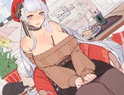 Rule 34 | 1girl, aran sweater, azur lane, bare shoulders, belfast (azur lane), belfast (shopping with the head maid) (azur lane), beret, between breasts, blush, breasts, brown sweater, cable knit, cake, cat, chair, choker, cleavage, earrings, food, food between breasts, gtunver, hat, hoop earrings, jewelry, large breasts, long hair, looking at viewer, miniskirt, off-shoulder sweater, off shoulder, pantyhose, parted lips, pocky, purple eyes, red hat, silver hair, sitting, skirt, smile, solo, sweater