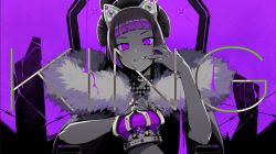 Rule 34 | 1girl, artist request, barbed wire, black nails, chair, coat, collar, commentary request, crown, unworn crown, edo lena, english text, finger to mouth, fingernails, fur-trimmed coat, fur trim, hair ornament, highres, holding, holding crown, indie virtual youtuber, king (vocaloid), limited palette, long hair, looking at viewer, nail polish, official art, purple background, purple eyes, purple hair, purple theme, second-party source, sitting, smile, solo, song name, straight-on, teeth, upper body, virtual youtuber, vocaloid