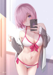 Rule 34 | 1girl, absurdres, bee doushi, bikini, blush, breasts, cleavage, fate/grand order, fate (series), hair over one eye, highres, jacket, large breasts, light purple hair, long sleeves, looking at viewer, mash kyrielight, mash kyrielight (swimsuit of perpetual summer), navel, official alternate costume, purple eyes, selfie, short hair, smile, swimsuit, white bikini