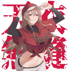 Rule 34 | 1girl, arms up, baseball cap, baseball uniform, belt, breasts, brown hair, buttons, cleavage, eyelashes, furen e lustario, hat, highres, long hair, looking at viewer, midriff, navel, nijisanji, pants, red eyes, red shirt, shirt, skin tight, solo, souryuu kaede, sportswear, tented shirt, tied shirt, very long hair, virtual youtuber, white background, white pants