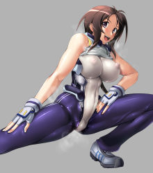 Rule 34 | 1girl, bodysuit, breasts, breath, brown hair, covered erect nipples, fingerless gloves, gloves, grey background, highres, impossible clothes, kyoukaisenjou no horizon, large breasts, long hair, open mouth, oriotorai makiko, purple eyes, pussy juice, see-through, shoes, simple background, skin tight, smell, smile, sneakers, solo, spread legs, steam, stretching, sweat, zundarepon