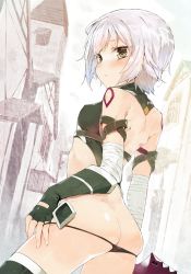 Rule 34 | 1girl, :&lt;, ass, bandaged arm, bandages, bare shoulders, black gloves, black panties, black thighhighs, blush, breasts, butt crack, covered erect nipples, duplicate, fate/apocrypha, fate (series), fingerless gloves, gloves, heart, heart-shaped pupils, jack the ripper (fate/apocrypha), koba, looking back, lowleg, lowleg panties, outdoors, panties, short hair, silver hair, small breasts, solo, symbol-shaped pupils, tattoo, thighhighs, underwear, yellow eyes