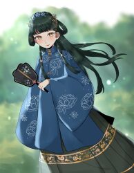 1girl aoqun beizi_(clothing) green_hair hair_rings hanfu highres kuroussa long_hair mamianqun mandarin_collar ming_dynasty original solo standing tuanshan yellow_eyes