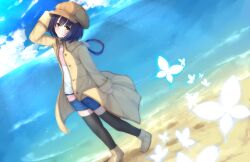 Rule 34 | 1girl, absurdres, arm at side, arm up, beach, black thighhighs, blue butterfly, blue shorts, blue sky, blush, boots, brown coat, brown footwear, brown headwear, bug, butterfly, closed mouth, cloud, coat, commentary request, dutch angle, feet out of frame, flat chest, folded ponytail, glowing butterfly, hair between eyes, head tilt, highres, insect, light particles, long sleeves, looking at viewer, medium hair, nanami (summer pockets), nodoameyatou, ocean, open clothes, open coat, shorts, sky, smile, solo, standing, summer pockets, thighhighs, yellow eyes, zettai ryouiki