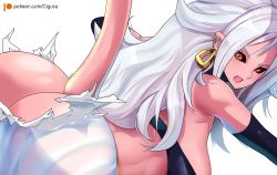Rule 34 | 1girl, amano cigusa, android 21, ass, black sclera, blurry, breasts, butt crack, colored sclera, colored skin, depth of field, dragon ball, earrings, from behind, harem pants, hoop earrings, jewelry, large breasts, long hair, looking at viewer, looking back, majin android 21, messy hair, no panties, pants, pink skin, pointy ears, red eyes, solo, strapless, tail, tube top, white hair