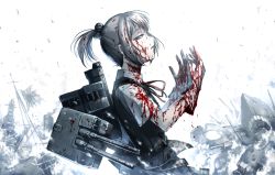 Rule 34 | 10s, 1girl, abyssal ship, blood, blood on face, blood splatter, blood on clothes, blue eyes, gloves, hair ornament, hetza (hellshock), kantai collection, looking up, neck ribbon, personification, pink hair, ponytail, red ribbon, ribbon, school uniform, shiranui (kancolle), short hair, short sleeves, skirt, white gloves