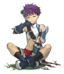 Rule 34 | 1boy, b suke, blue gloves, blue hair, boots, closed eyes, fate/grand order, fate (series), fergus mac roich (fate), fergus mac roich (young) (fate), gloves, male focus, midriff, navel, shirt, short hair, simple background, sitting, sleeveless, sleeveless shirt, solo, white background, wiping face