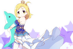 Rule 34 | &gt;:), 1girl, bare shoulders, blonde hair, blue dress, blue sleeves, blush, closed mouth, detached sleeves, dress, frilled thighhighs, frills, from side, green eyes, hair ornament, highres, langbazi, long hair, love live!, love live! school idol festival all stars, hugging object, ohara mari, one side up, puffy short sleeves, puffy sleeves, ribbon-trimmed legwear, ribbon trim, short sleeves, signature, smile, solo, standing, standing on one leg, star (symbol), star hair ornament, starry background, strapless, strapless dress, stuffed animal, stuffed dolphin, stuffed toy, thighhighs, v-shaped eyebrows, white background, white thighhighs, wrist cuffs