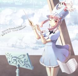 Rule 34 | 10s, 1girl, bass clef, baton, conductor baton, beamed quavers, blue dress, character name, copyright name, cowboy shot, dress, eyelashes, flat sign, german text, happy, hat, jakuzure nonon, kill la kill, looking at viewer, musical note, one eye closed, pink eyes, pink hair, puffy short sleeves, puffy sleeves, quaver, quaver rest, sah1205, sharp sign, sheet music, short sleeves, smile, solo, standing, stick, tomozu, top hat, translated, treble clef, wink