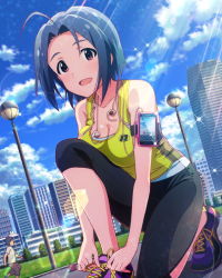 Rule 34 | 10s, 1girl, :d, ahoge, blue hair, breast press, breasts, brown eyes, cellphone, character name, city, cleavage, headphones, idolmaster, idolmaster (classic), idolmaster million live!, kawakami tetsuya, lens flare, looking at viewer, miura azusa, musical note, official art, open mouth, outdoors, phone, purple eyes, shoelaces, shoes, short hair, signature, sky, smartphone, smile, sneakers, solo, tying shoes