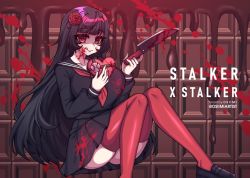 Rule 34 | 1girl, black hair, blood, blood on clothes, blood on face, blood splatter, breasts, chocolate, curvy, eyebrows, flower, hair flower, hair ornament, heart, holding, holding weapon, junko (stalker x stalker), knife, large breasts, licking, licking lips, long hair, melting, osiimi, school uniform, shading, sitting, splatter, stalker x stalker, tongue, tongue out, weapon, yandere
